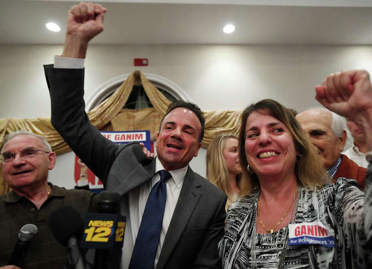 Bridgeport Mayor Joe Ganim celebrates his victory in the Democratic mayoral primary with his sister Roseanne Ganim, right, Tuesday in Bridgeport.