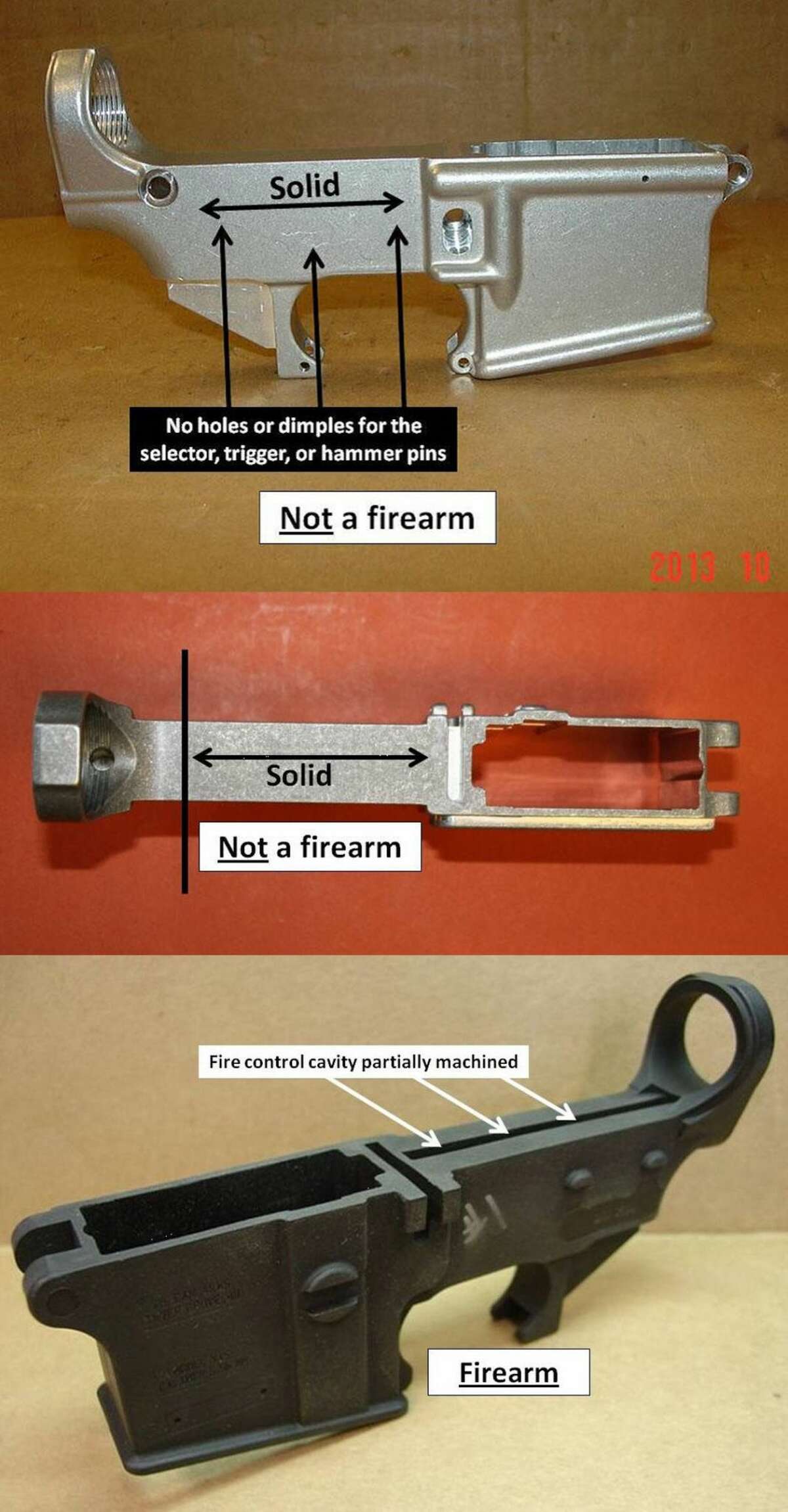 This image from the Bureau of Alcohol, Tobacco, Firearms and Explosives shows examples of a unfinished guns that are legally not considered a firearm, and one that would be considered a firearm.