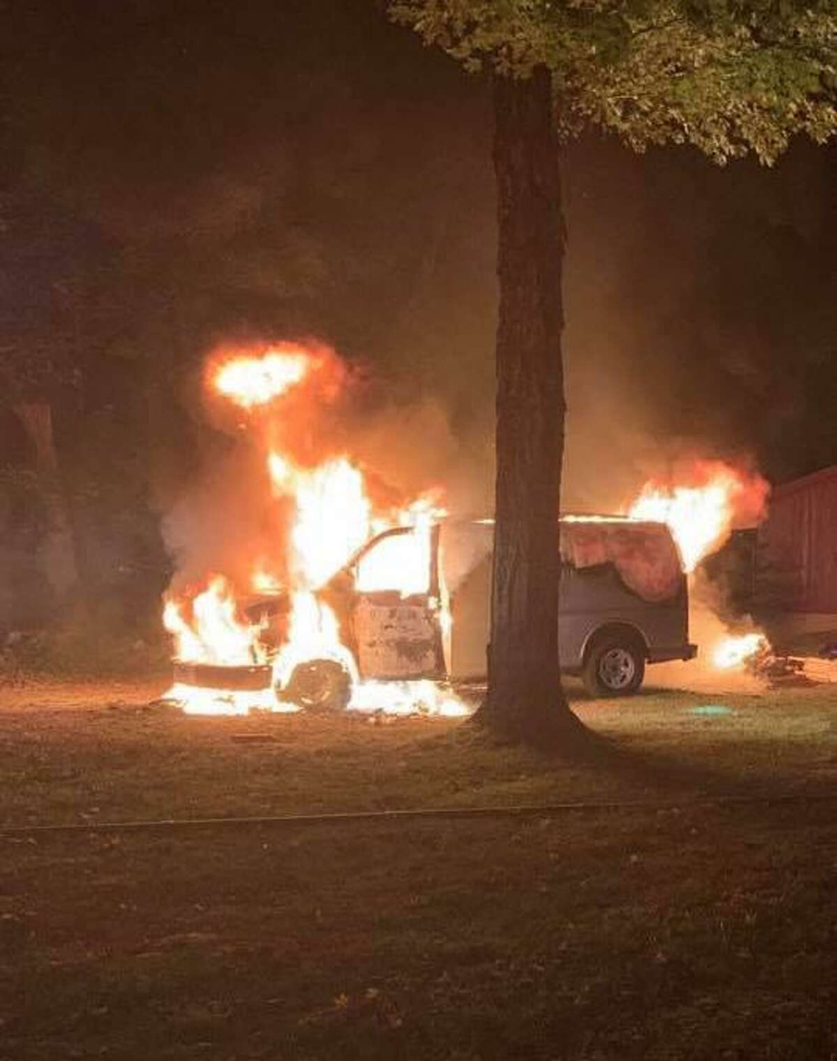 A van engulfed in flames outside a Main Street North residence Sept. 12, 2019.