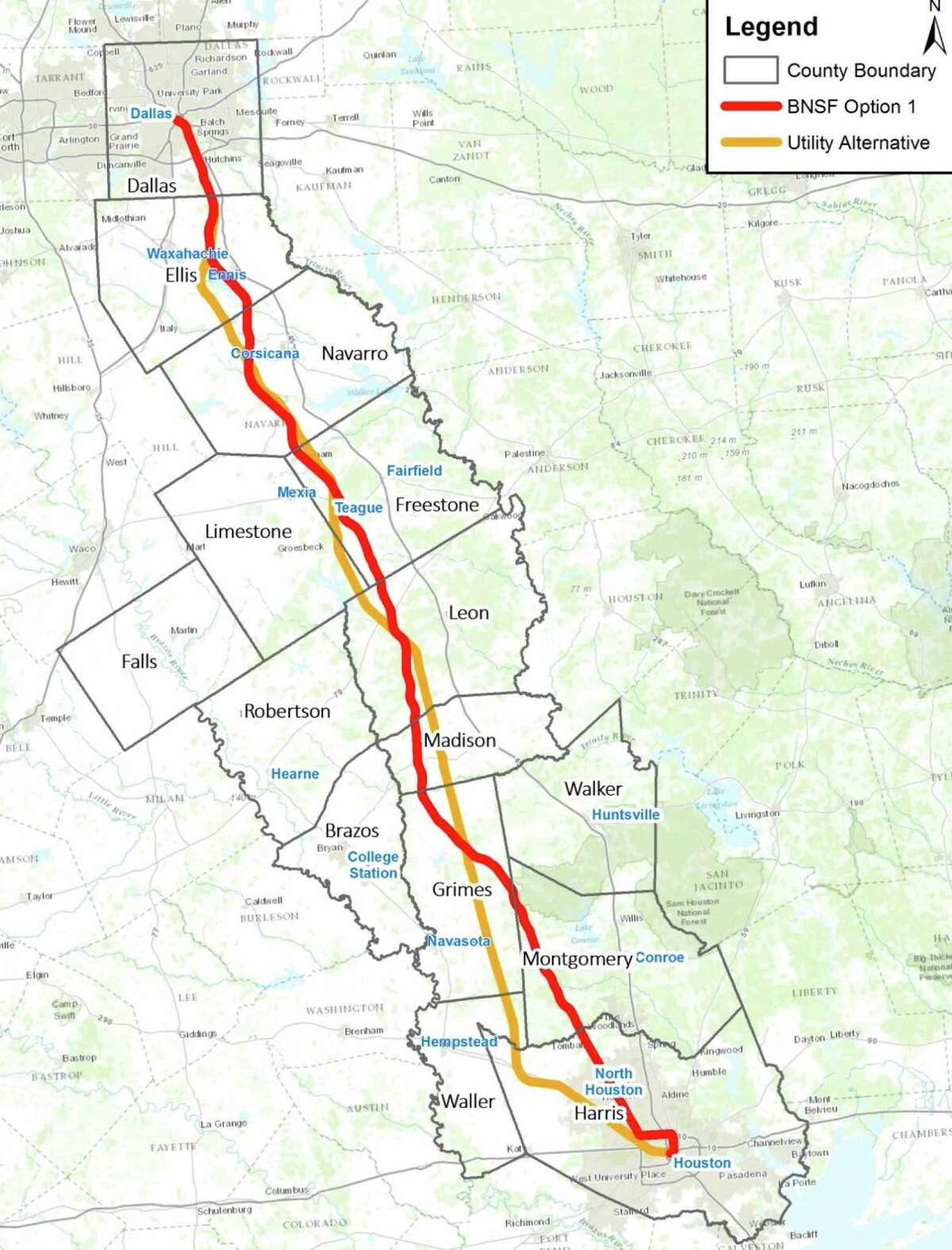 The proposed routes for the Texas Central High-Speed Railway.