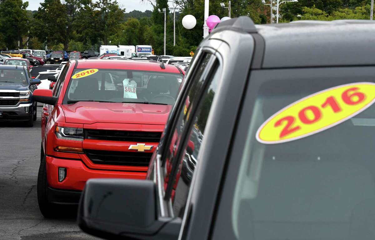 Cars are displayed at a Central Avenue dealership lot on Thursday, Sept.12, 2019, in Albany, N.Y. Car prices are rising, and supply is low as the pandemic crawls along. (Will Waldron/Times Union)