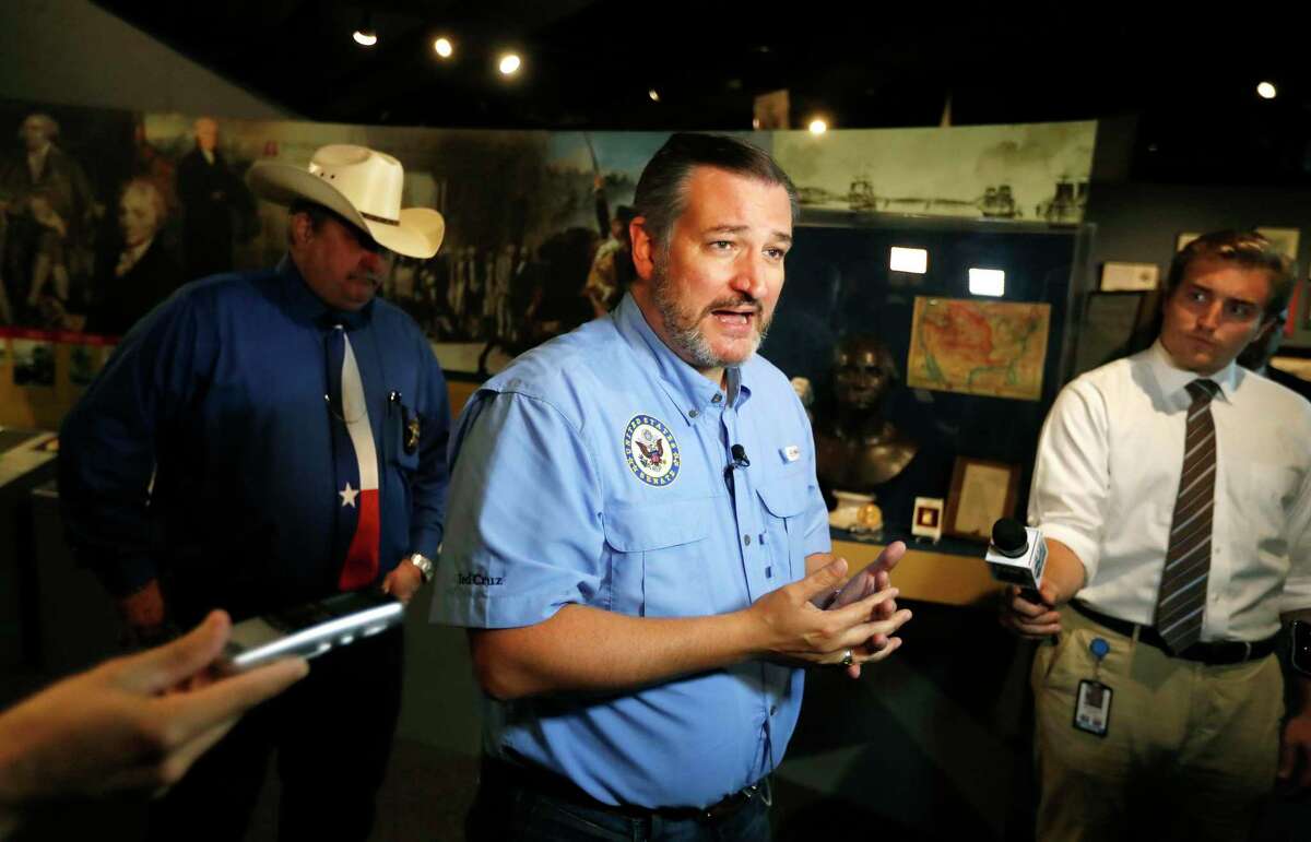 U.S. Sen. Ted Cruz, R-Texas, talks to the media after meeting with local leaders and law enforcement Wednesday, Sept. 4, 2019, at the John Ben Shepperd Public Leadership Institute in Odessa, Texas. (Mark Rogers/Odessa American via AP)