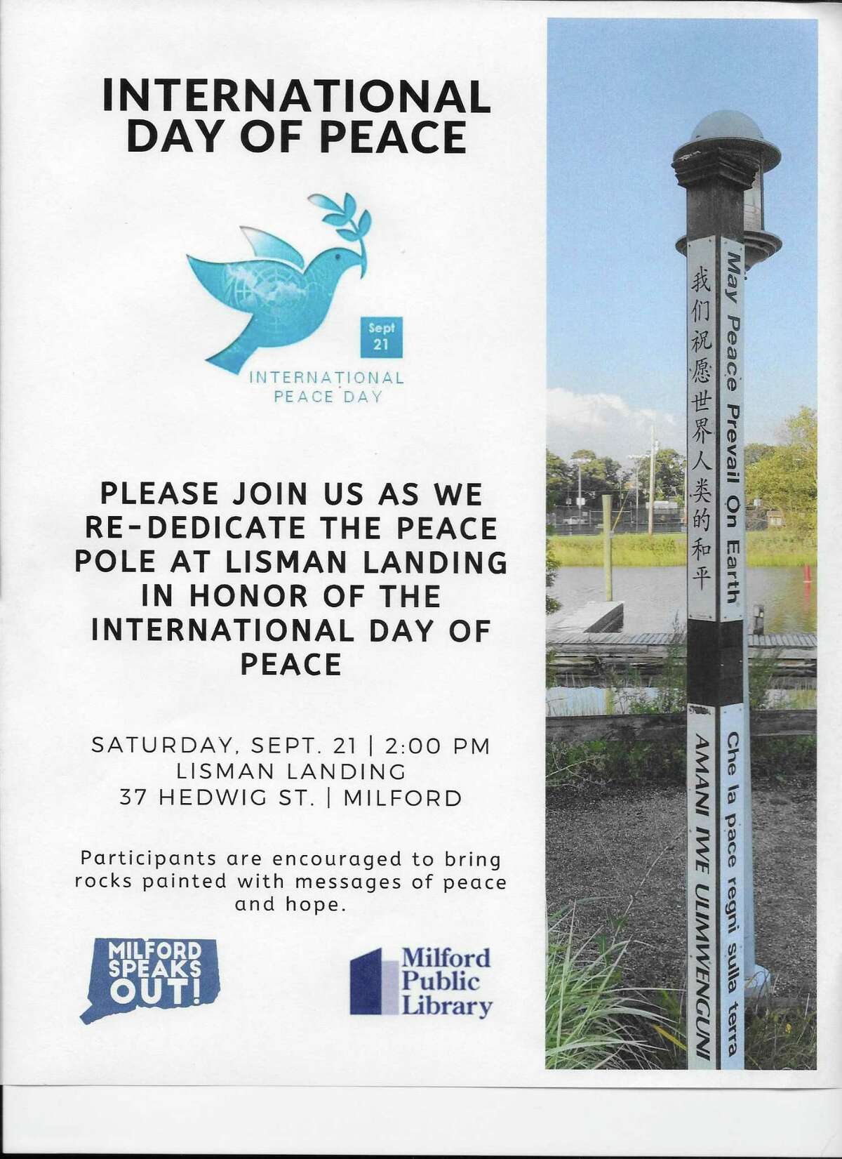 Milford Speaks Out (MSO), in partnership with the Milford Public Library, will host a World Peace Day event on Saturday, Sept. 21