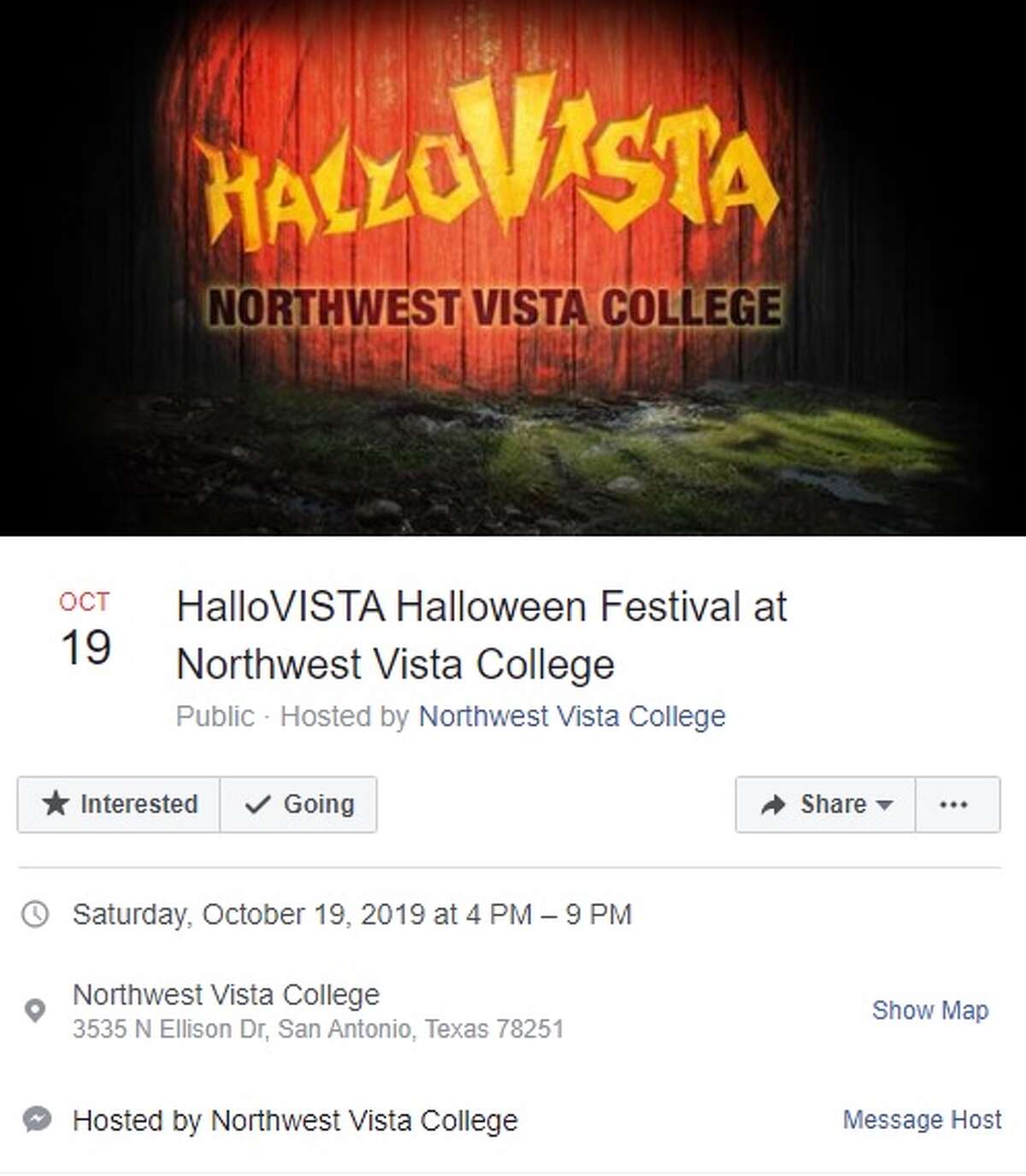 HalloVISTA Halloween Festival will be from 4 to 9 p.m. on Saturday, Oct. 19 at Northwest Vista College, 3535 North Ellison Drive. For more information, click here.