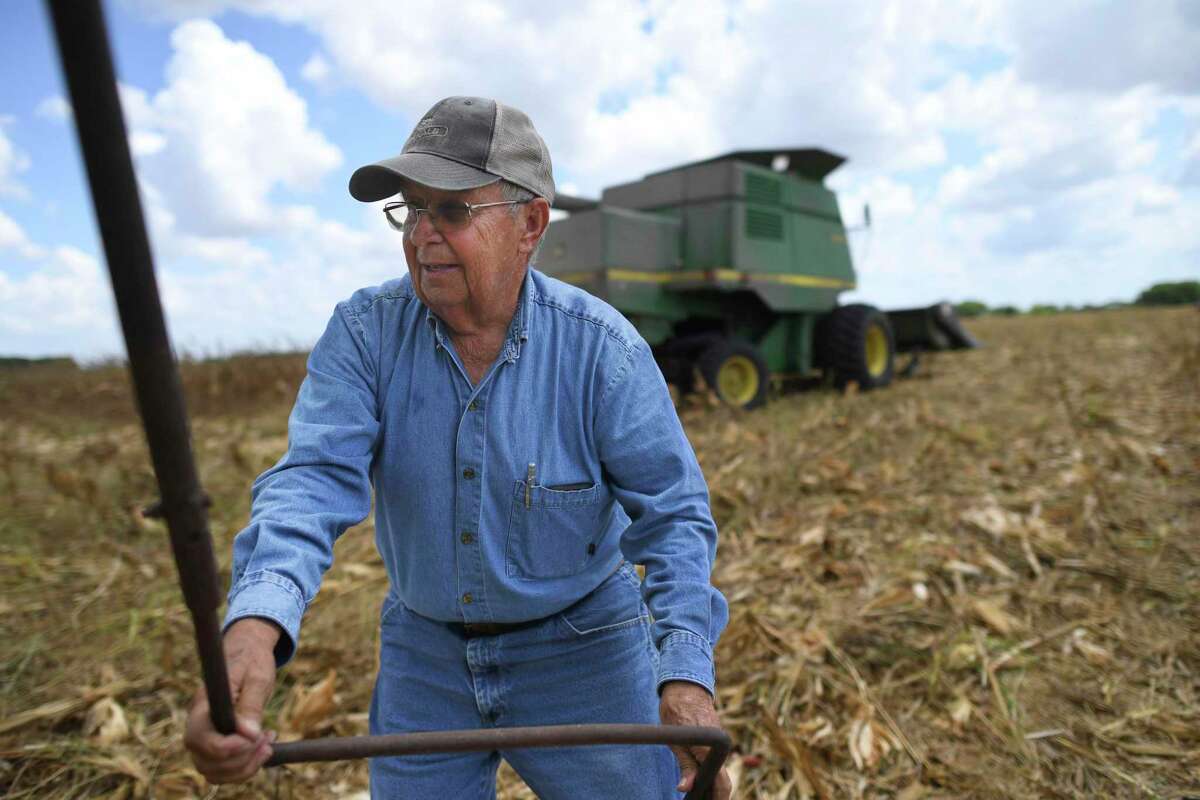 Ray Joy Pfannstiel, works equipment in a cornfield that he has just harvested in Guadalupe County on Thursday.