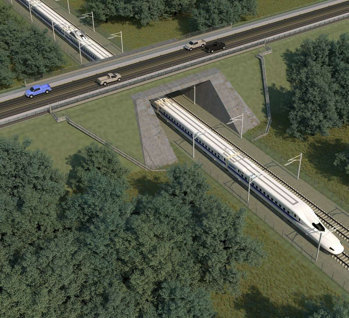 Viaducts and overpasses, as seen in this artist rendering, are intended to separate a planned high-speed rail line between from Houston to Dallas from vehicle traffic along the 240-mile route.