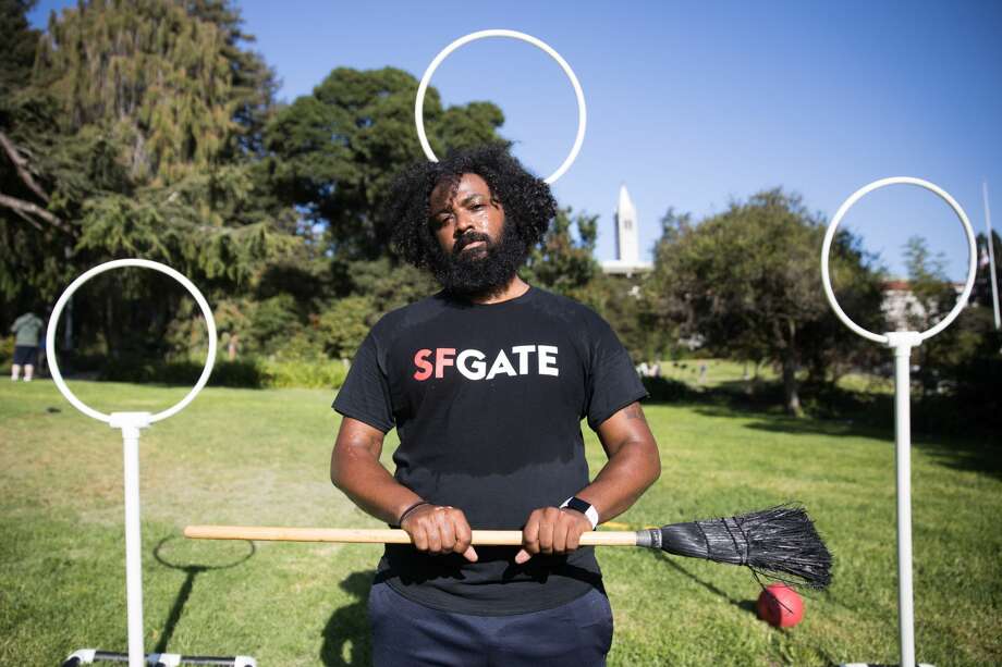 Drew Costley, holding a broomstick, took part in a practice for the Cal Quidditch team on Sept. 10, 2019. Photo: Douglas Zimmerman/SFGate