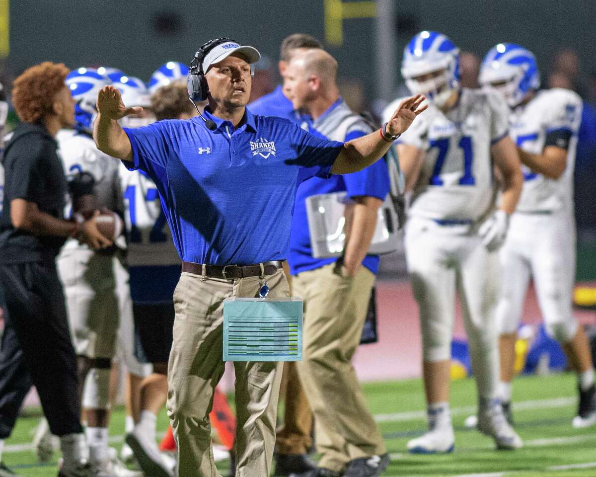 Shaker head coach Greg Sheeler during Suburban Council matchup against Shenendehowa in Clifton Park NY on Friday, Sept. 13, 2019 (Jim Franco/special to the Times Union.)