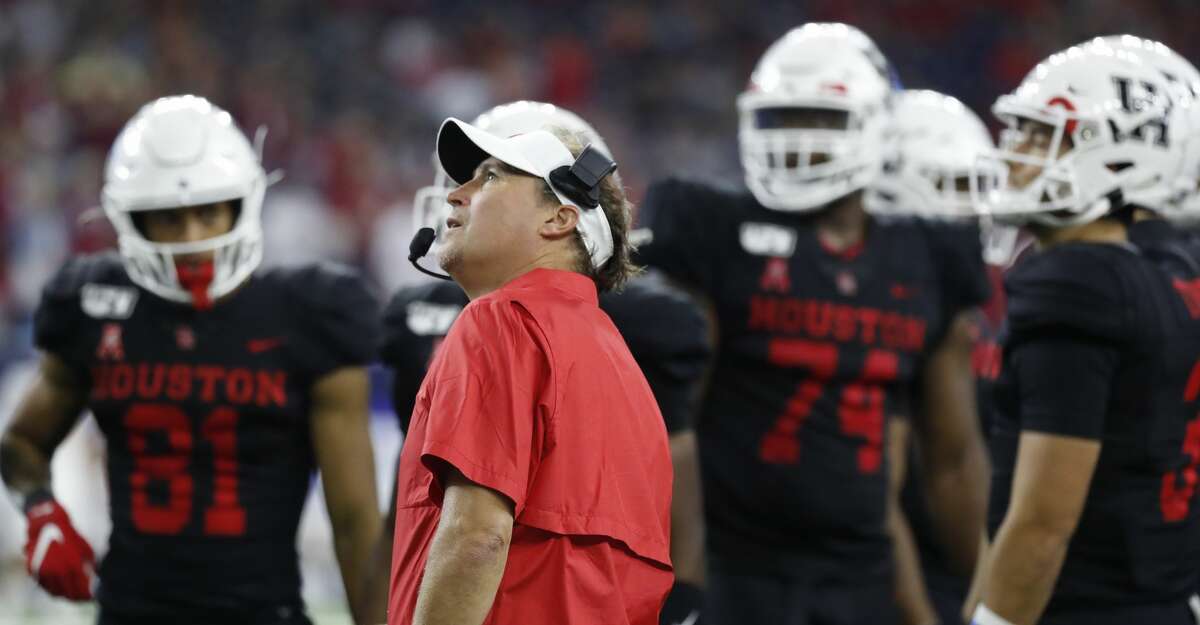 Houston Cougars head coach Dana Holgorsen reacts to a call during the third quarter of the AdvoCare Texas Kickoff game at NRG Stadium, Friday, Sept. 13, 2019, in Houston.