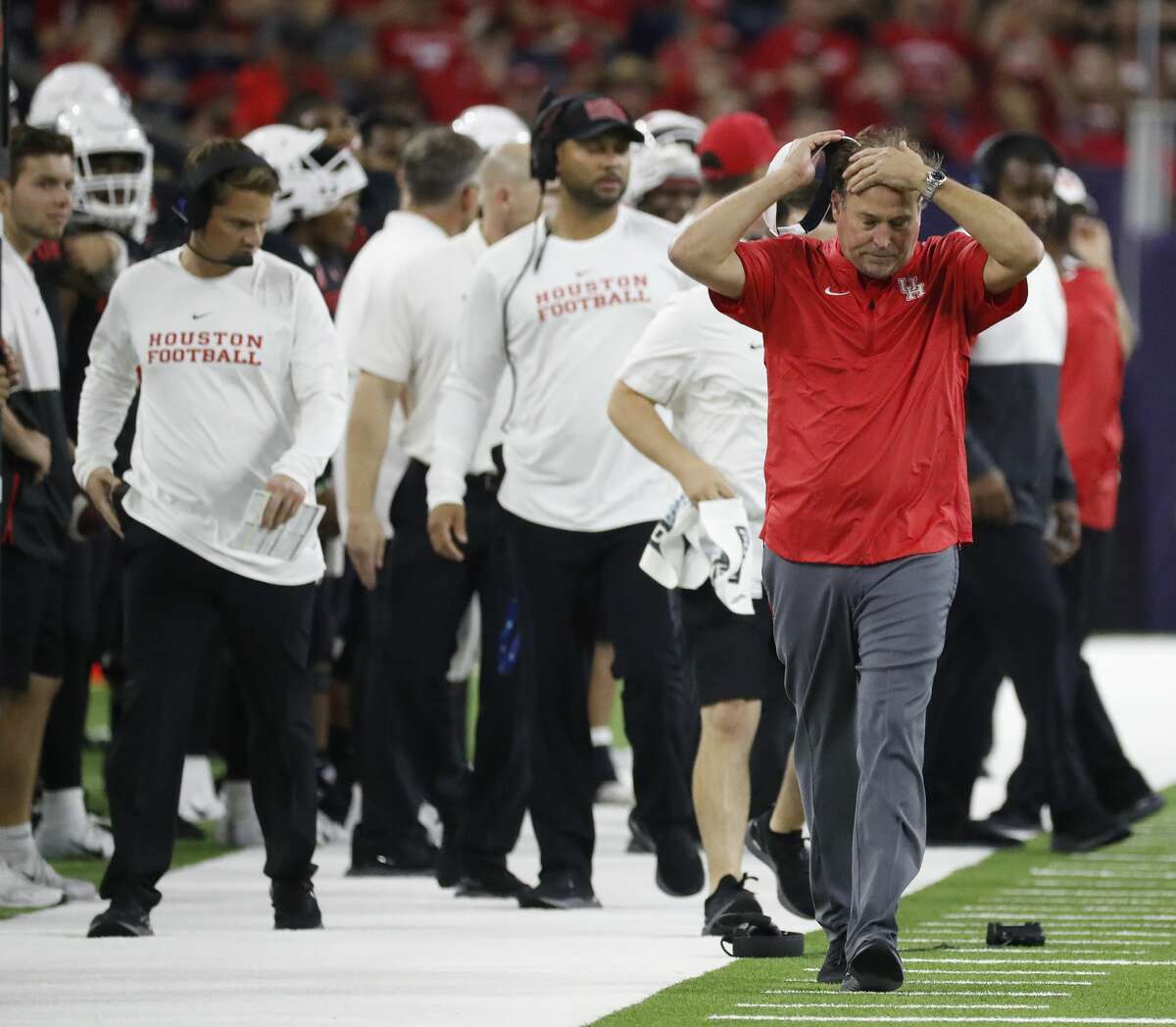 Houston Cougars head coach Dana Holgorsen reacts after a catch was overturned during the third quarter of the AdvoCare Texas Kickoff game at NRG Stadium, Friday, Sept. 13, 2019, in Houston.
