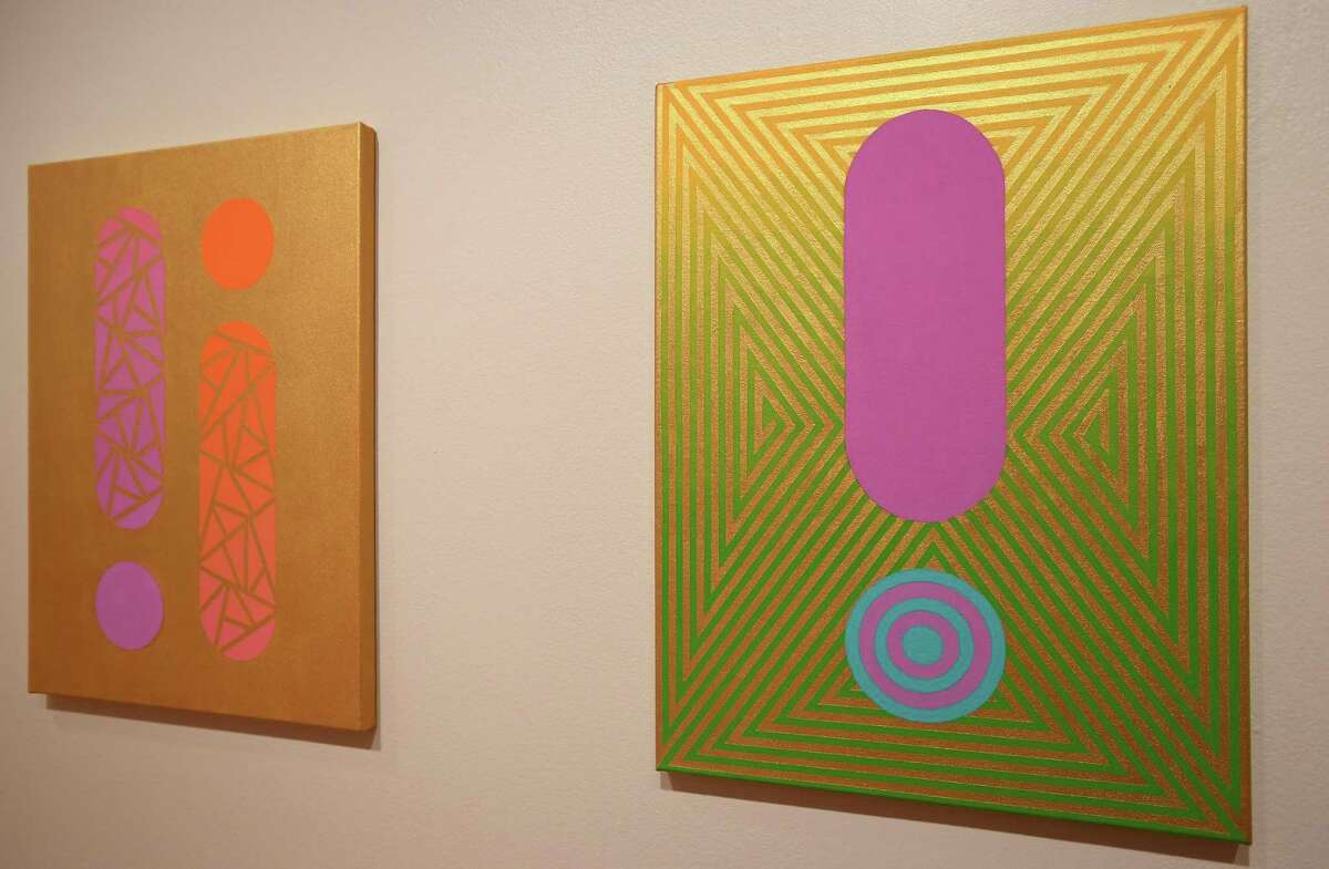 A pair of graphic paintings by Swedish artist Mari Rantanen hang in the Housatonic Museum of Art's new exhibition, "Close to the Line: Mari Rantanen and Kirsten Reynolds", which opens in the museum's Bert Chernow Gallery on September 5. The gallery has been closed since August of last year after suffering water damage when the sprinkler system activated in response to an overheated computer.