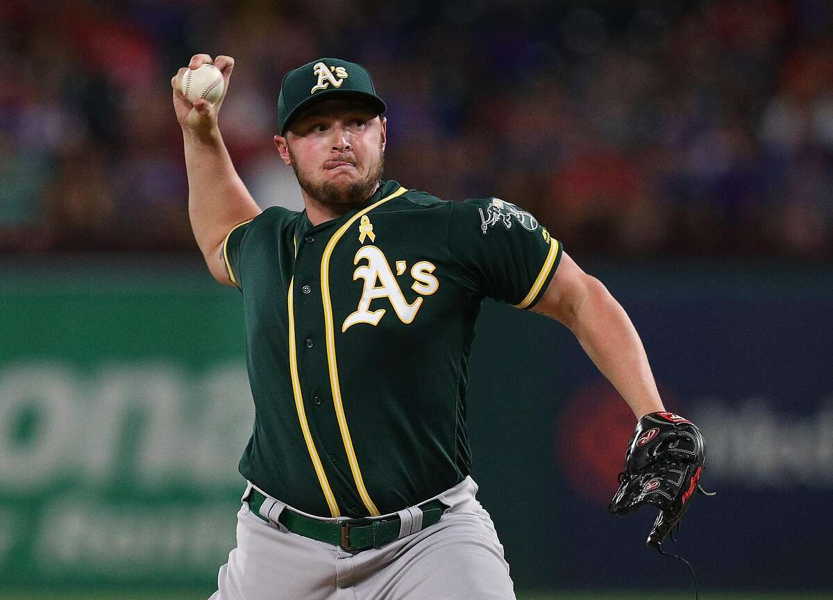 ARLINGTON, TEXAS - SEPTEMBER 13: J.B. Wendelken #57 of the Oakland Athletics pitches in the sixth inning against the Texas Rangers at Globe Life Park in Arlington on September 13, 2019 in Arlington, Texas. (Photo by Richard Rodriguez/Getty Images)