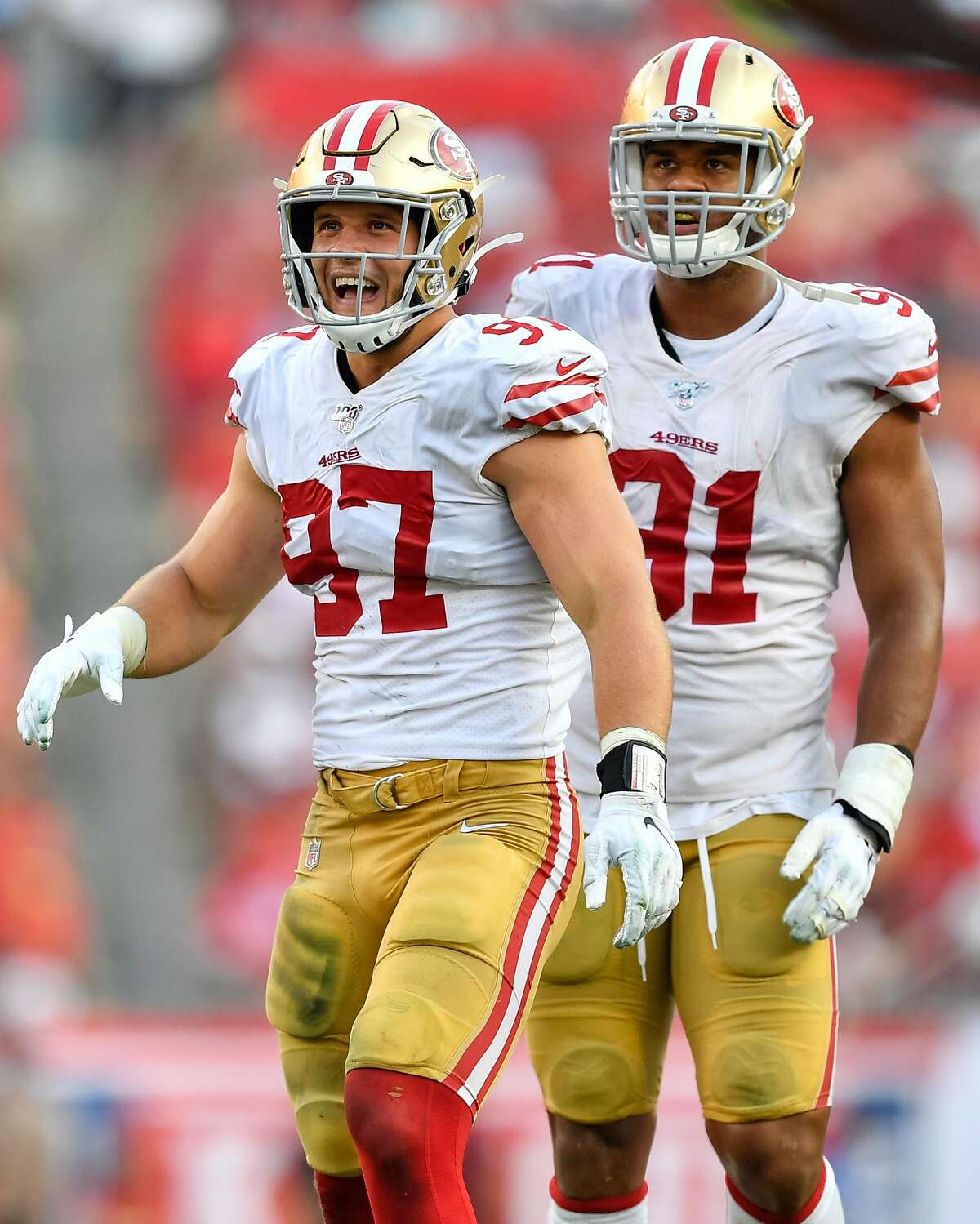 San Francisco 49ers Defensive End Nick Bosa (97) and San Francisco 49ers Defensive End Arik Armstead (91) during the second half of the season opener between the San Francisco 49ers and the Tampa Bay Bucs on September 08, 2019, at Raymond James Stadium in Tampa, FL. 