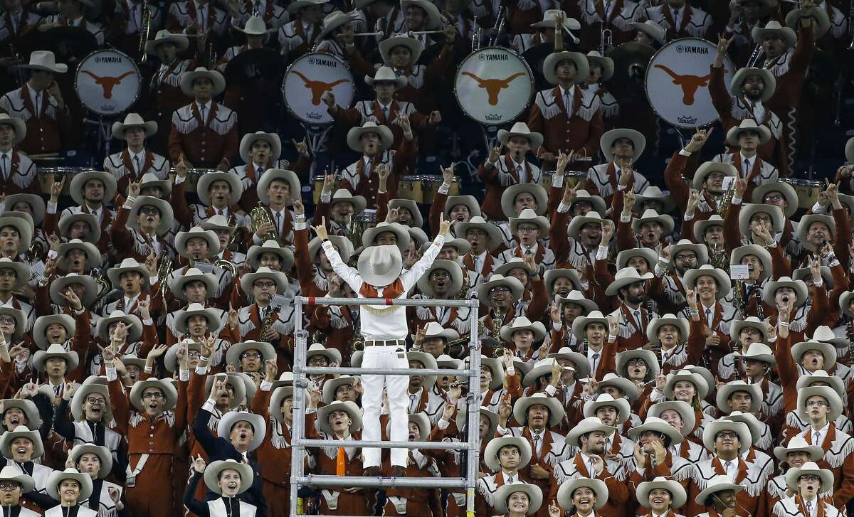 Texas Longhorns band celebrates a touchdown in the first quarter against Rice University at NRG Stadium in Houston on Saturday, Sept. 14, 2019.