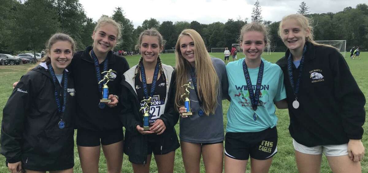 Risa Hilinski, Emily Alexandru, Alessandra Zaffina, Kali Holden, Maggie Basbagill and Allie Palmeiri placed for Trumbull at the Wilton Invitational.