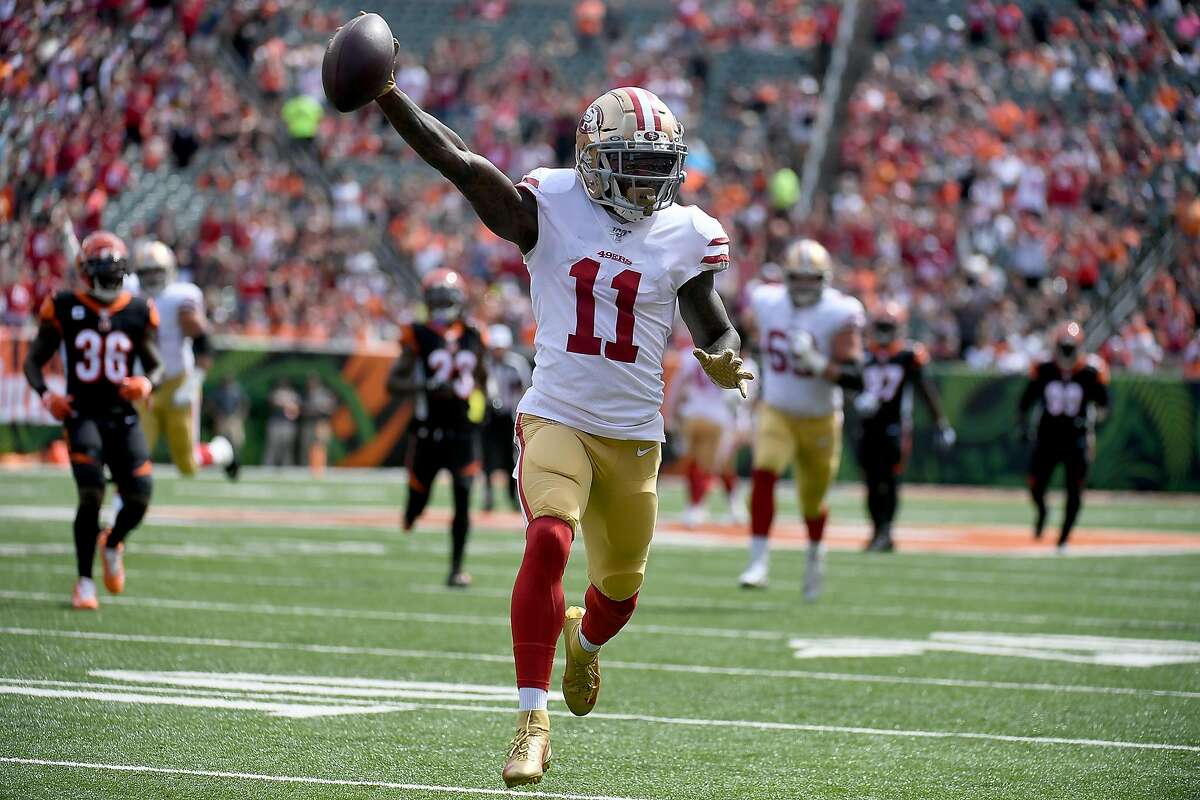 Marquise Goodwin #11 of the San Francisco 49ers runs for a touchdown during the first quarter of the game against the Cincinnati Bengals at Paul Brown Stadium on September 15, 2019 in Cincinnati, Ohio.