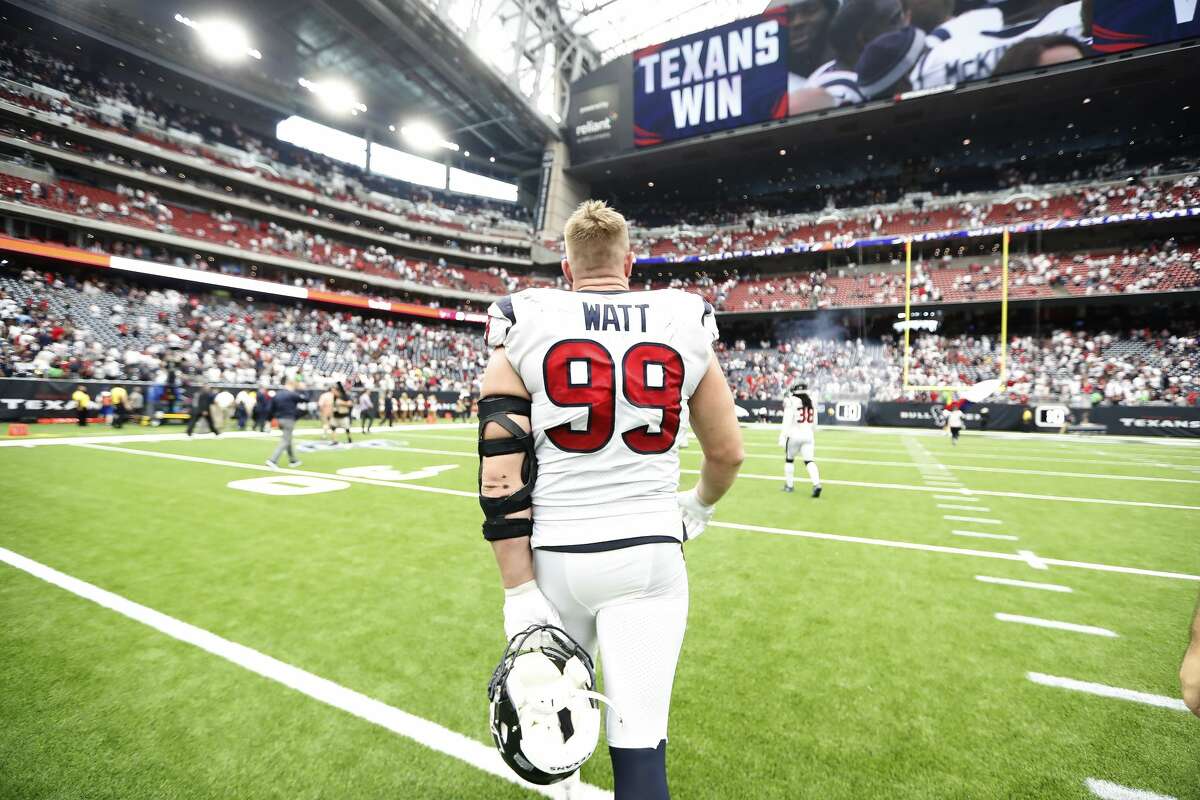 Houston Texans defensive end J.J. Watt (99) walks back to the locker room after the Texans beat the Jacksonville Jaguars 13-12 after an NFL game at NRG Stadium, Sunday, Sept. 15, 2019, in Houston.