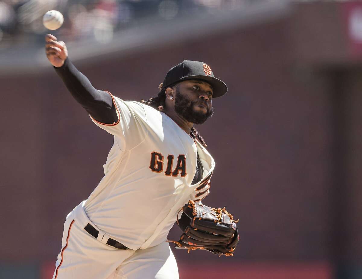 San Francisco Giants starting pitcher Johnny Cueto throws against a Miami Marlins batter in the first inning of a baseball game in San Francisco, Sunday, Sept. 15, 2019. (AP Photo/John Hefti)