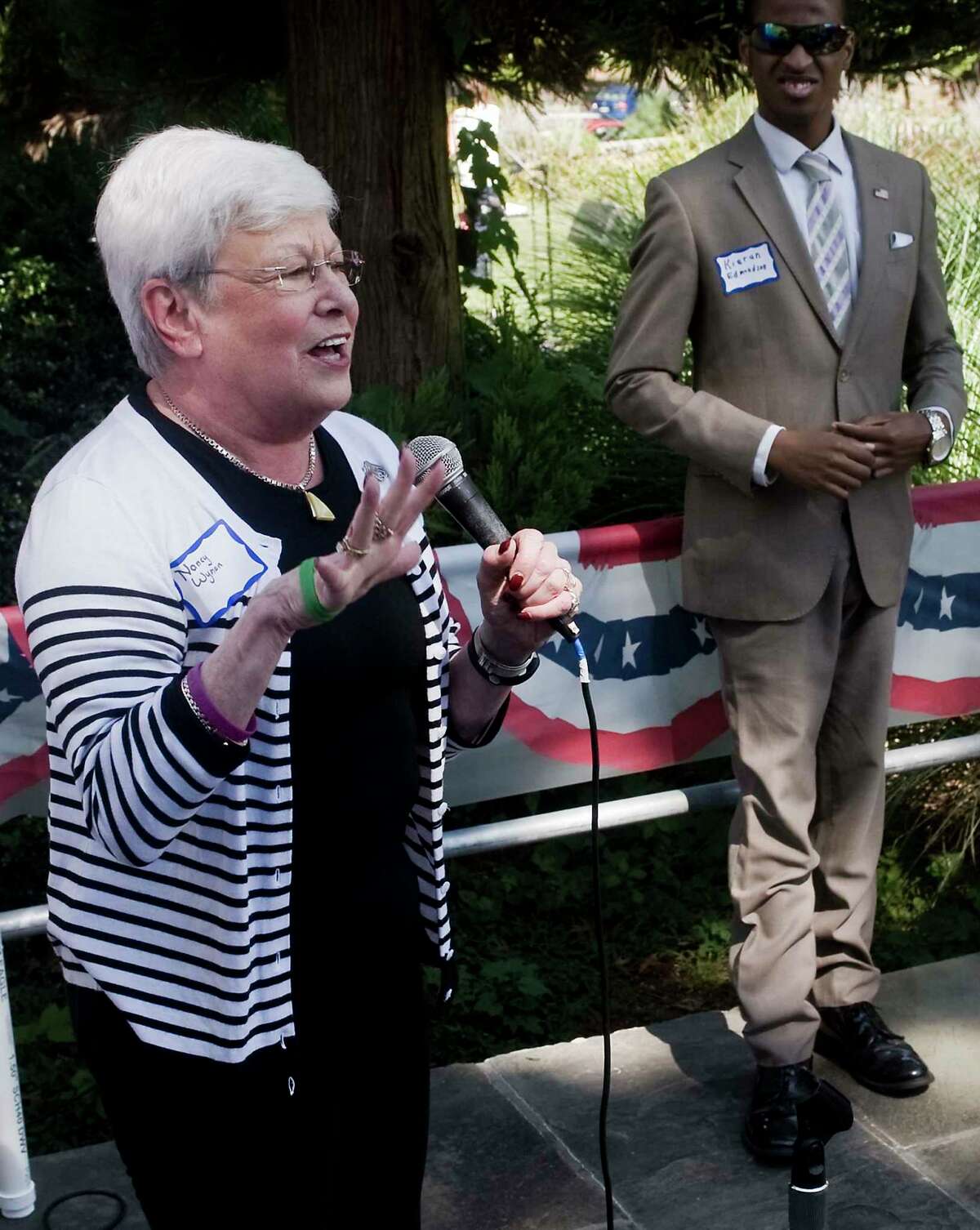 Former Connecticut Lt. Gov. Nancy Wyman welcomes the gathering at the Greenwich Democratic Town Committee's annual picnic at the Greenwich Botanical Center, on Sunday, Sept. 15, 2019