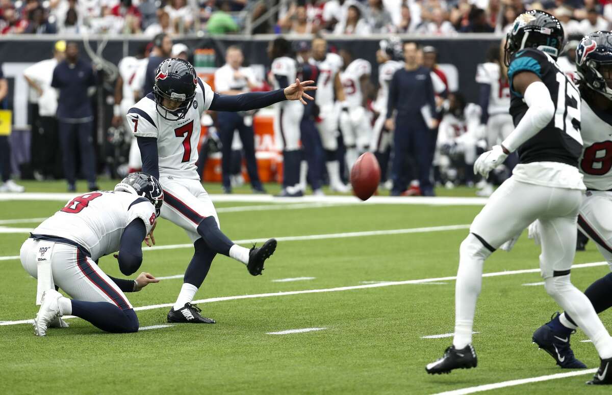 PHOTOS: Texans vs. Falcons  Houston Texans kicker Ka'imi Fairbairn (7) kicks a 39-yard field goal against the Jacksonville Jaguars during the first quarter of an NFL football game at NRG Stadium on Sunday, Sept. 15, 2019, in Houston. >>>See more photos from the Texans' game against the Falcons on Sunday ... 