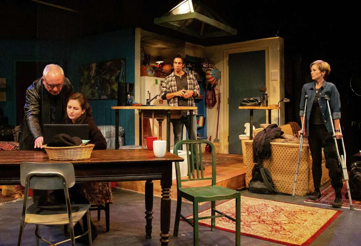 From left, Mark Zeisler, Caroline Calkins, David Joseph and Tamara Hickey in "Time Stands Still" at Shakespeare & co. (S& publicity photo by Emma Rothenberg-Ware.)