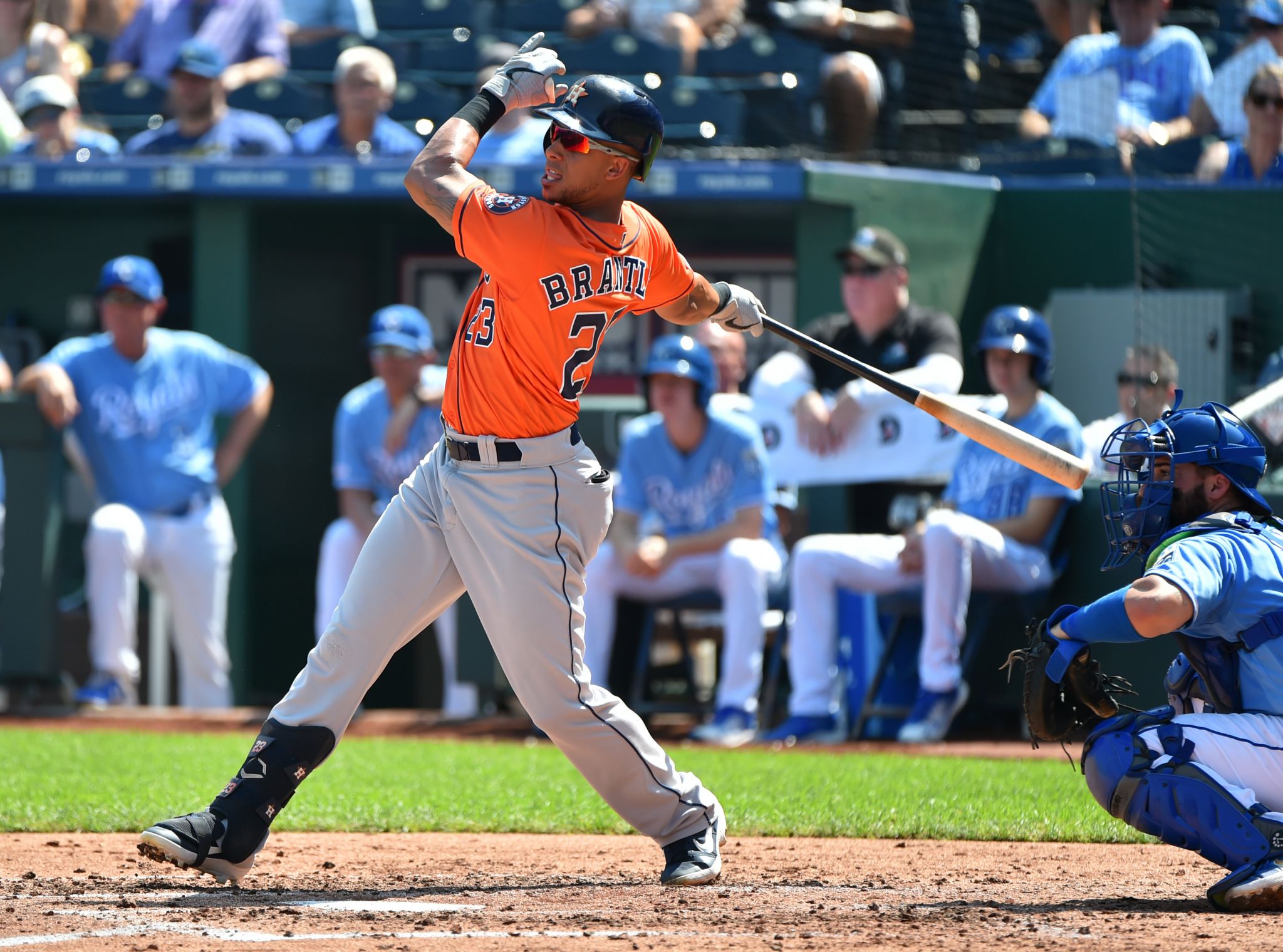 Seattle Mariners third baseman Abraham Toro, left, is late with the tag as  Houston Astros runner Kyle Tucker (30) safely steals second base during the  eighth inning of a baseball game Monday