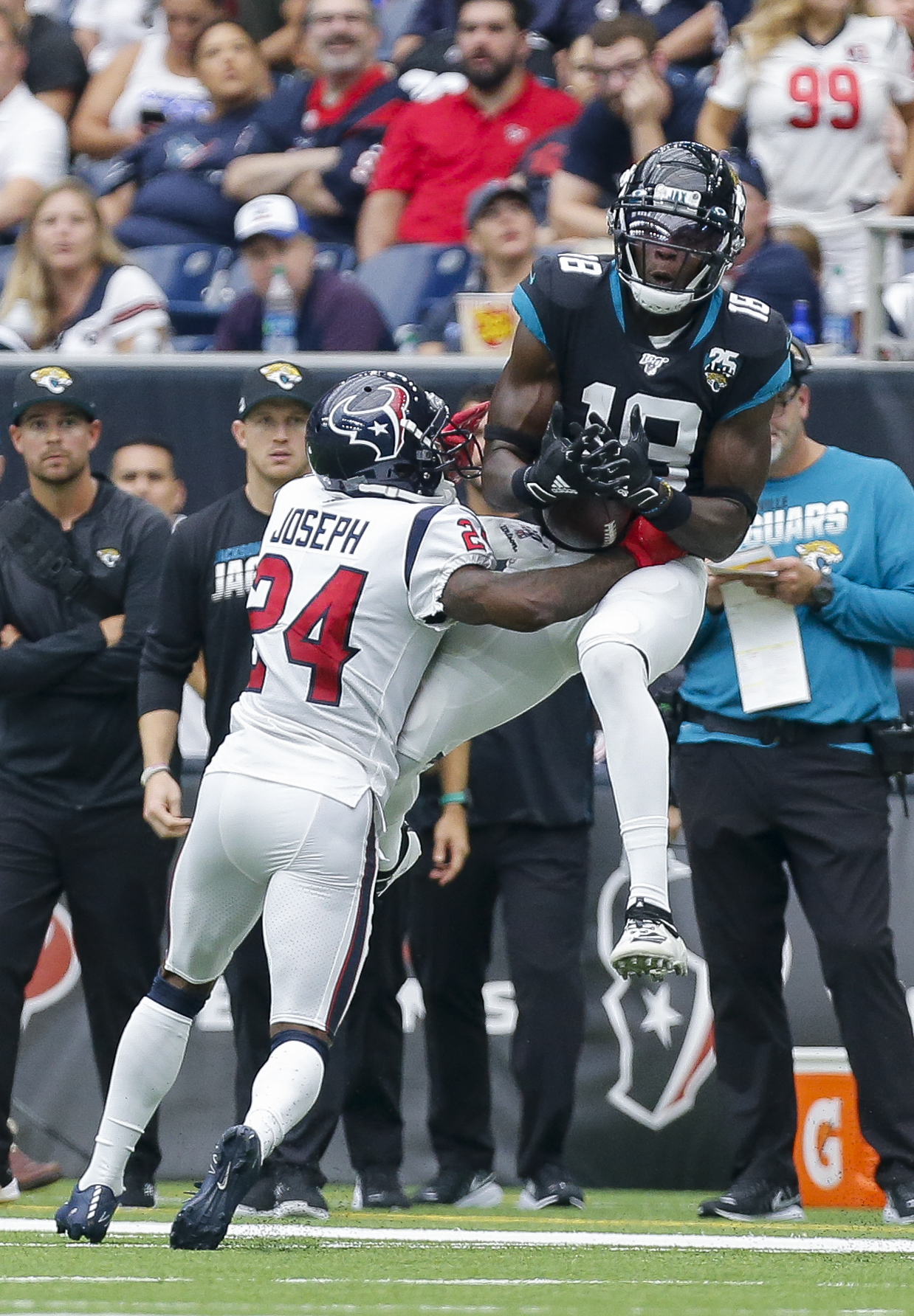 Houston Texans' J.J. Watt walks along the sideline in the first half of a  preseason NFL football game against the Dallas Cowboys in Arlington, Texas,  Saturday, Aug. 24, 2019. (AP Photo/Michael Ainsworth