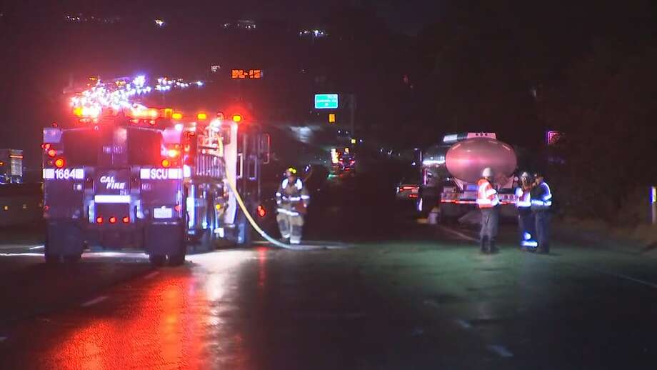 All lanes of the I-680 northbound highway are closed just outside the city limits of Fremont, in unincorporated Alameda County, due to 39 a collision involving a large platform and a spill of hazardous materials. September 16, 2019 Photo: KTVU