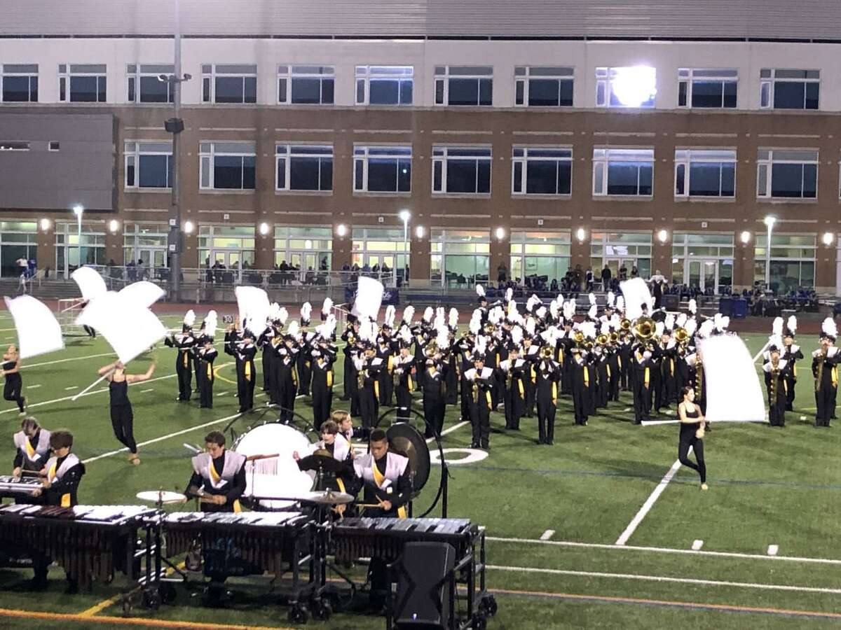 The Trumbull High School Golden Eagle Marching Band  earned a score of 84.375 and won best music, best visuals and best overall effect in Class V Open at Brien McMahon High School in Norwalk Saturday.