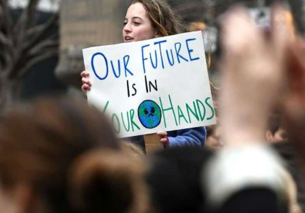 Area school high school students take part in a global protest on climate change on Friday, March 15, 2019, at West Capitol Park in Albany, N.Y.  Multiple environmental advocacy groups expressed opposition to a law that's made its way to committee that would establish a clean fuel standard.