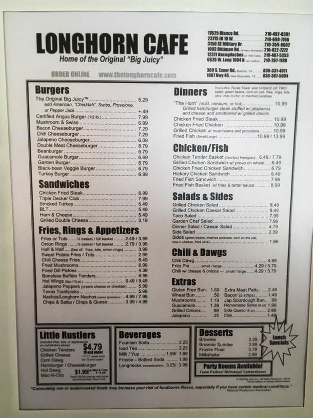 Longhorn cafe store menu