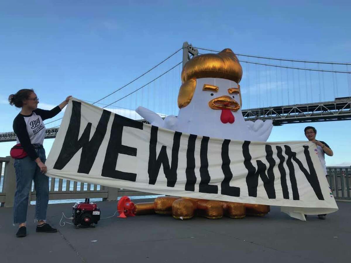 An inflatable chicken Trump was paraded around the Embarcadero on Sunday.