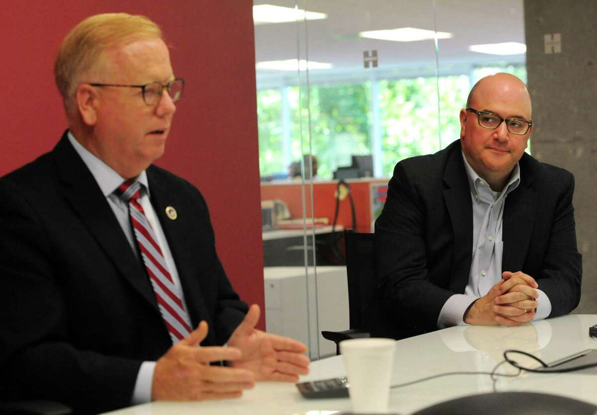 Danbury Mayor Mark Boughton, left, while he was a Republican candidate for governor, with his campaign manager Marc Dillon during a meeting with the editorial board of Hearst Connecticut Media on Tuesday, July 10, 2018.