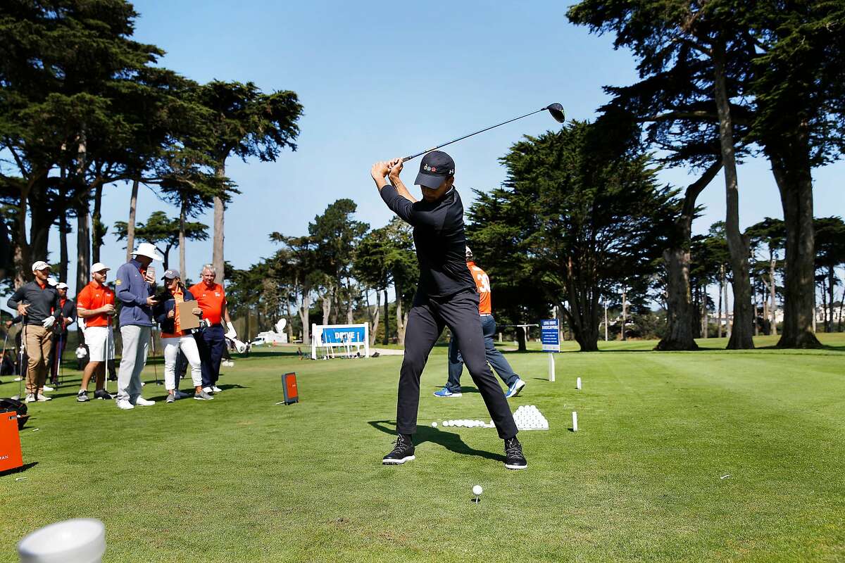 Stephen Curry, Golden State Warriors guard, participates in the driving challenge during the skills challenge of the Steph Curry Charity Classic at Harding Park Golf Course on Monday, September 16, 2019 in San Francisco, CA.