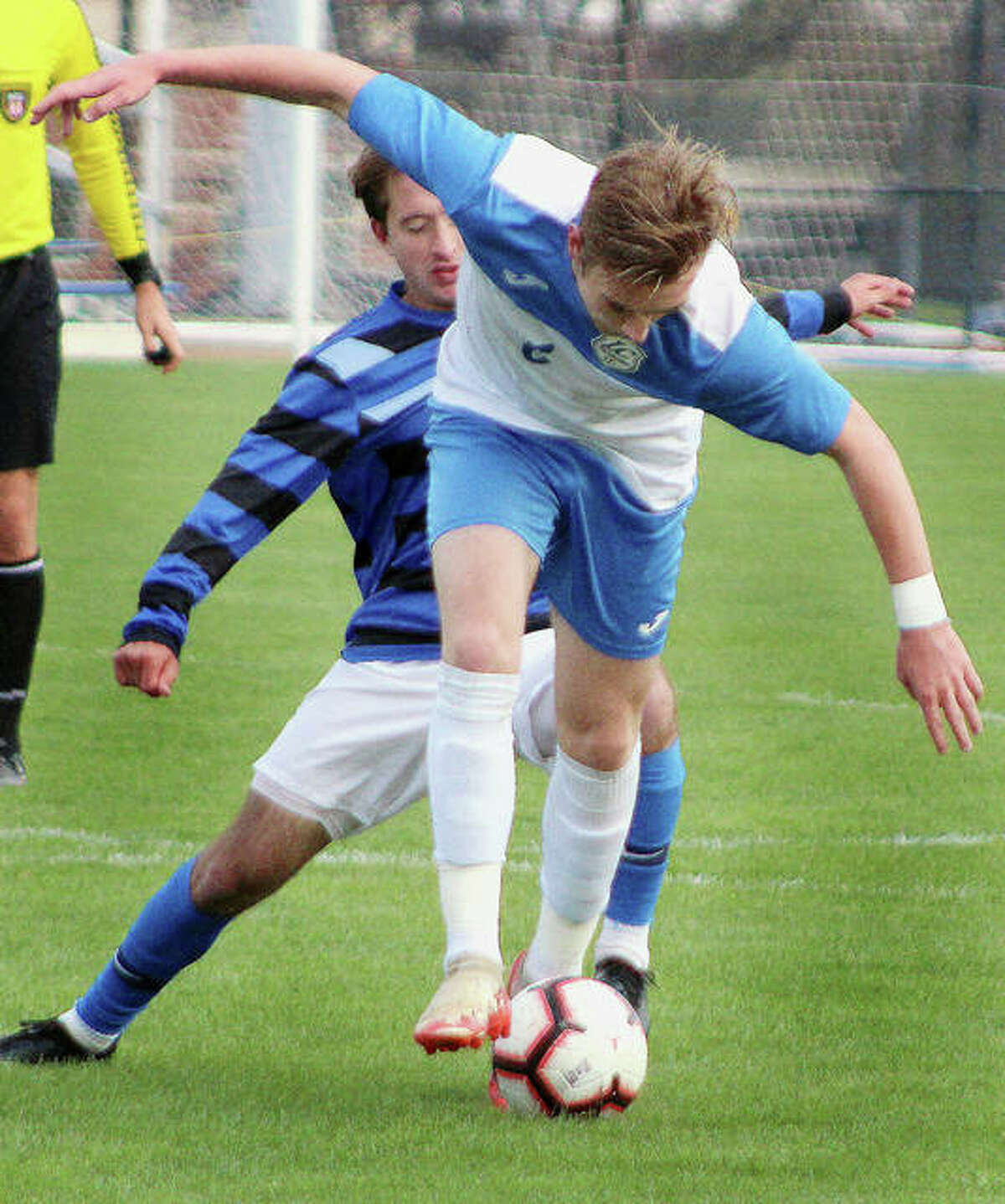 Luke Mellon of LCCC, front, scored a goal in his team’s win over No. 10-ranked Crowder College Friday. Despite the victory and a four-game winning streak, LCCC received no votes in this week’s NJCAA Division I National Soccer Poll.