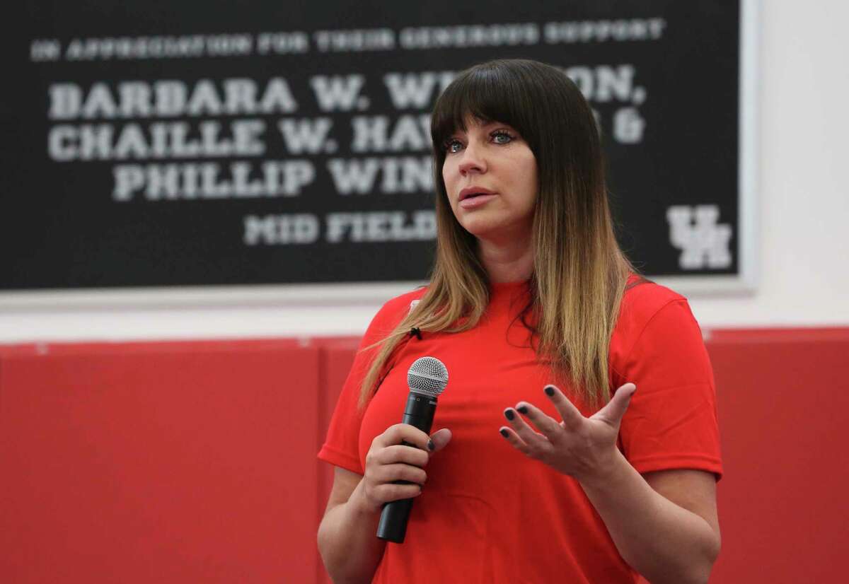 Brenda Tracy speaks about her story as a rape survivor and her "Set The Expectation" campaign at the 2018 Houston Football Coaches Clinic on Friday, March 23, 2018, in Houston. Tracy was gang-raped by four Oregon State University football players 20 years ago.