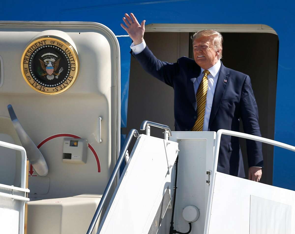 President Trump arrives aboard Air Force One at Moffett Federal Airfield in Mountain View, Calif. to attend a Republican Party fundraiser at an undisclosed location on Tuesday, Sept. 17, 2019.