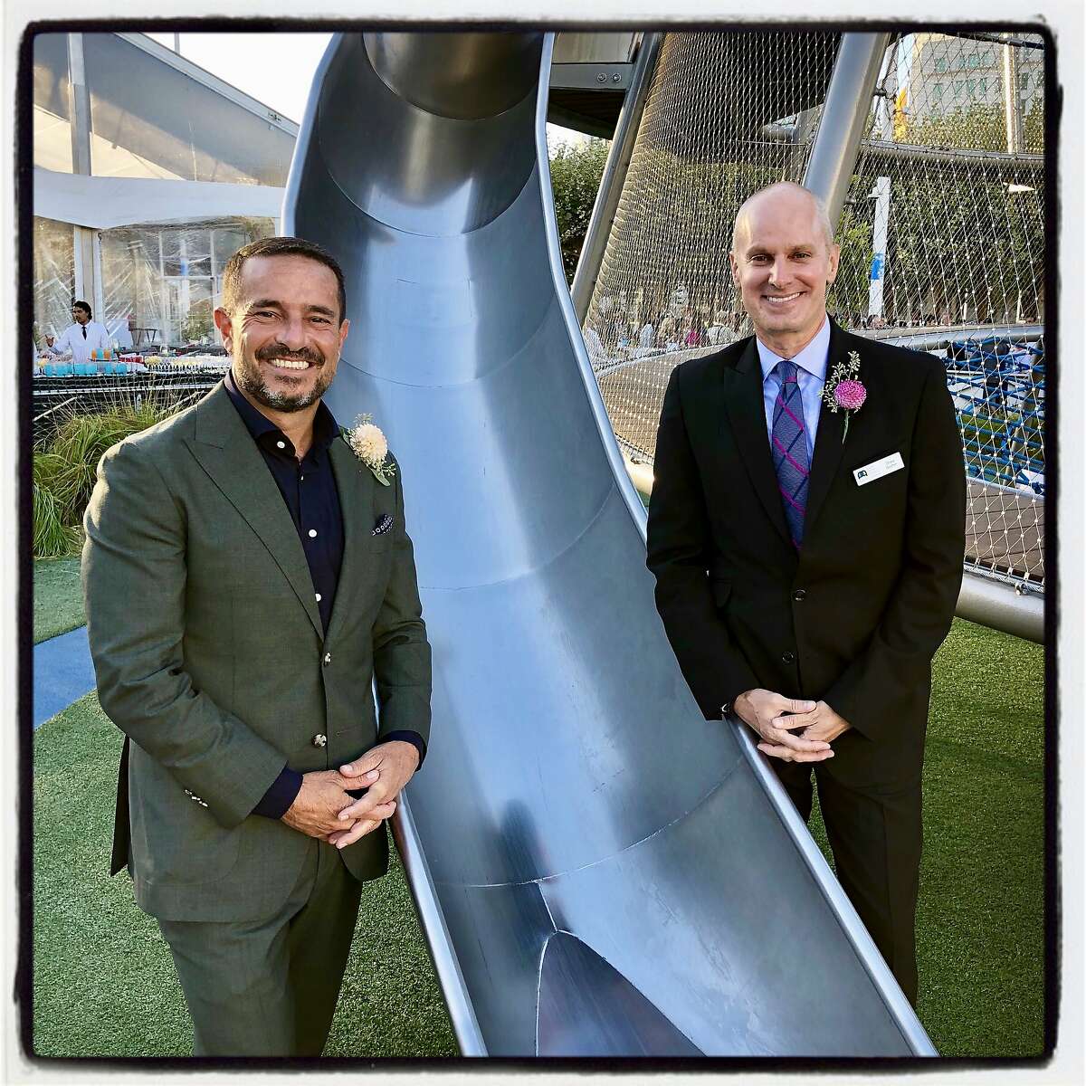 SF Rec & Parks GM Phil Ginsburg (left) with SF Parks Alliance CEO Drew Becher at the Helen Diller Playground Sept. 14, 2019.