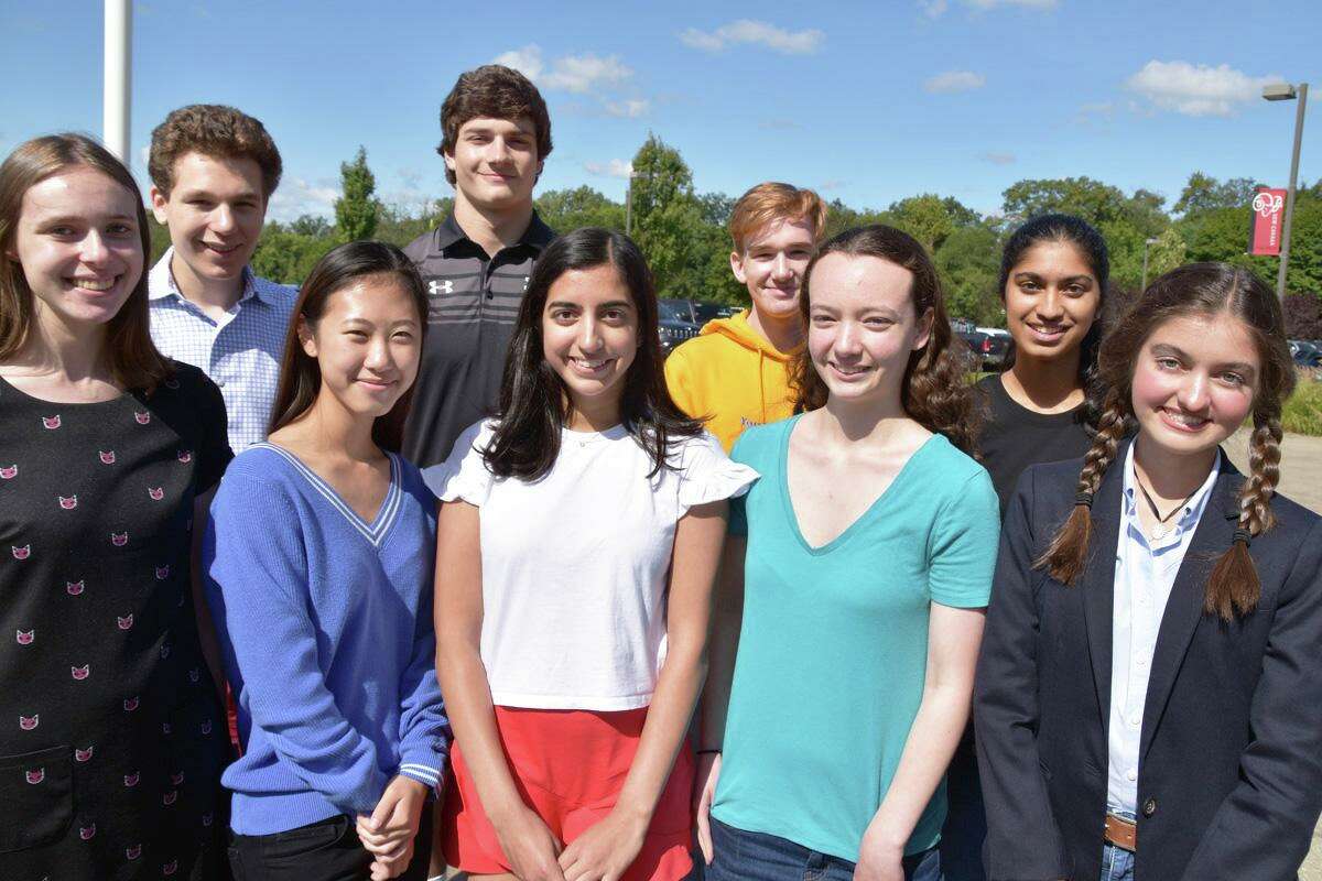 Nine New Canaan High School seniors were named 2020 National Merit Scholarship Semifinalists. From left are Audrey Bloom, Theodore Nelson, Vivian Ding, Christopher Carratu, Tara Chugh, Andrew Jameson, Alexis Axon, Isha Teredesai and Anna Therese Mehra. Contributed photo / New Canaan Public Schools