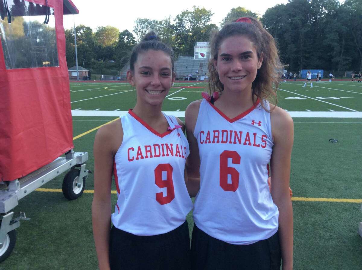 Isabella Lattuada, left and Demis Janis helped lead the Greenwich High field hockey team to a 2-1 win vs. Fairfield Warde on September 17, 2019, in Greenwich.