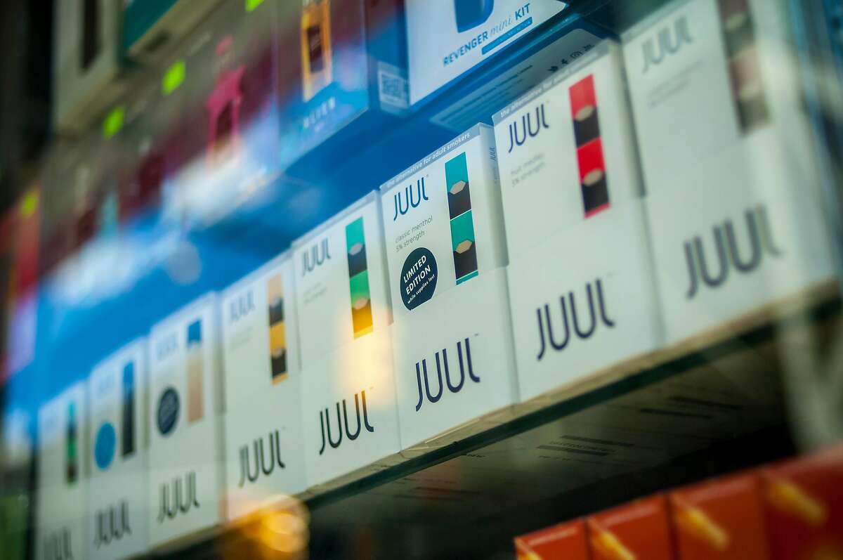 A selection of the popular Juul brand vaping supplies on display in the window of a vaping store in New York on Saturday, March 24, 2018. (Richard B. Levine/Sipa USA/TNS)