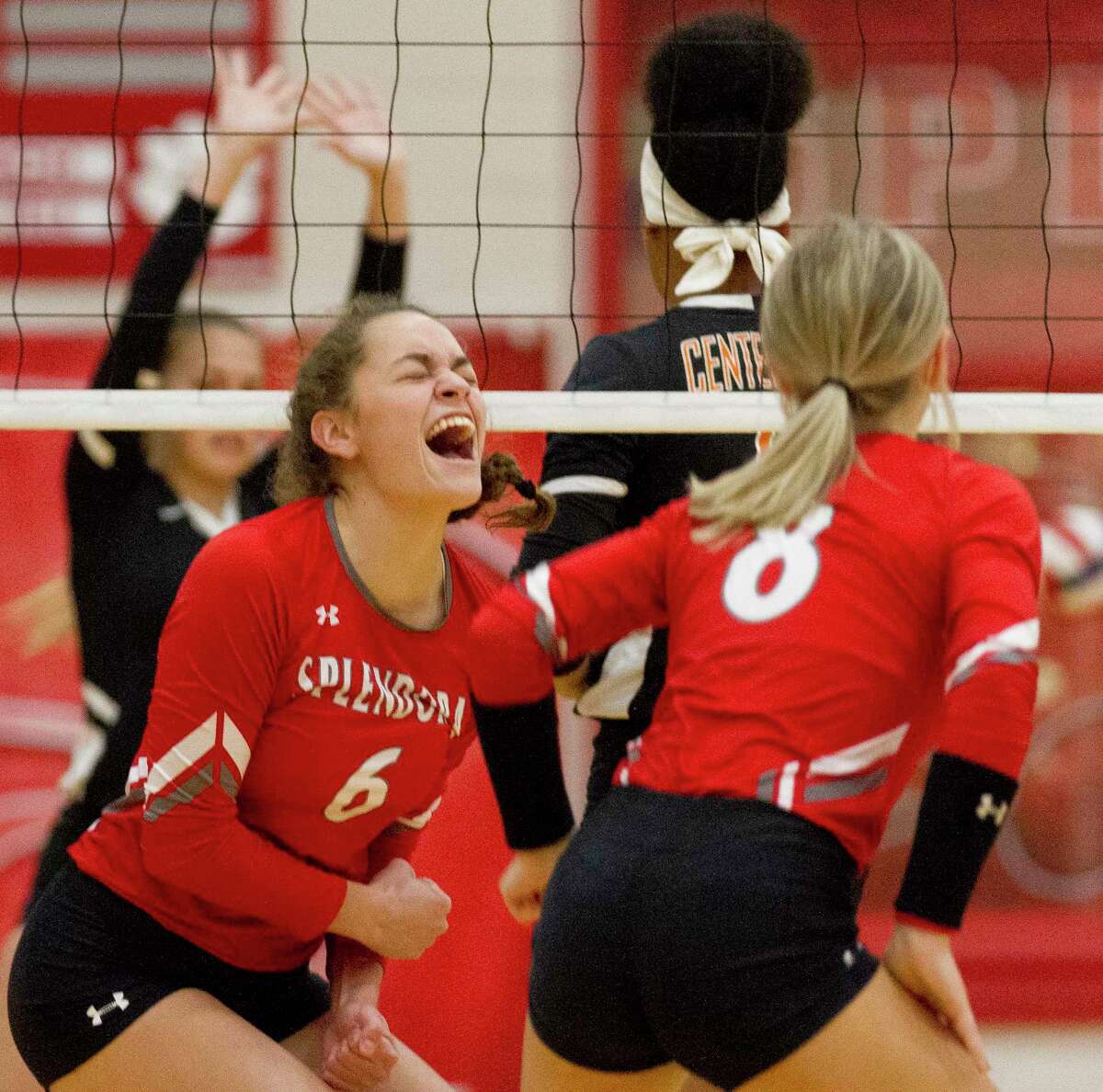 Splendora outside hitter Allie Jones (6) reacts after scoring a point during the first set of a non-district high school volleyball match at Splendora High School, Tuesday, Sept. 16, 2019, in Splendora.