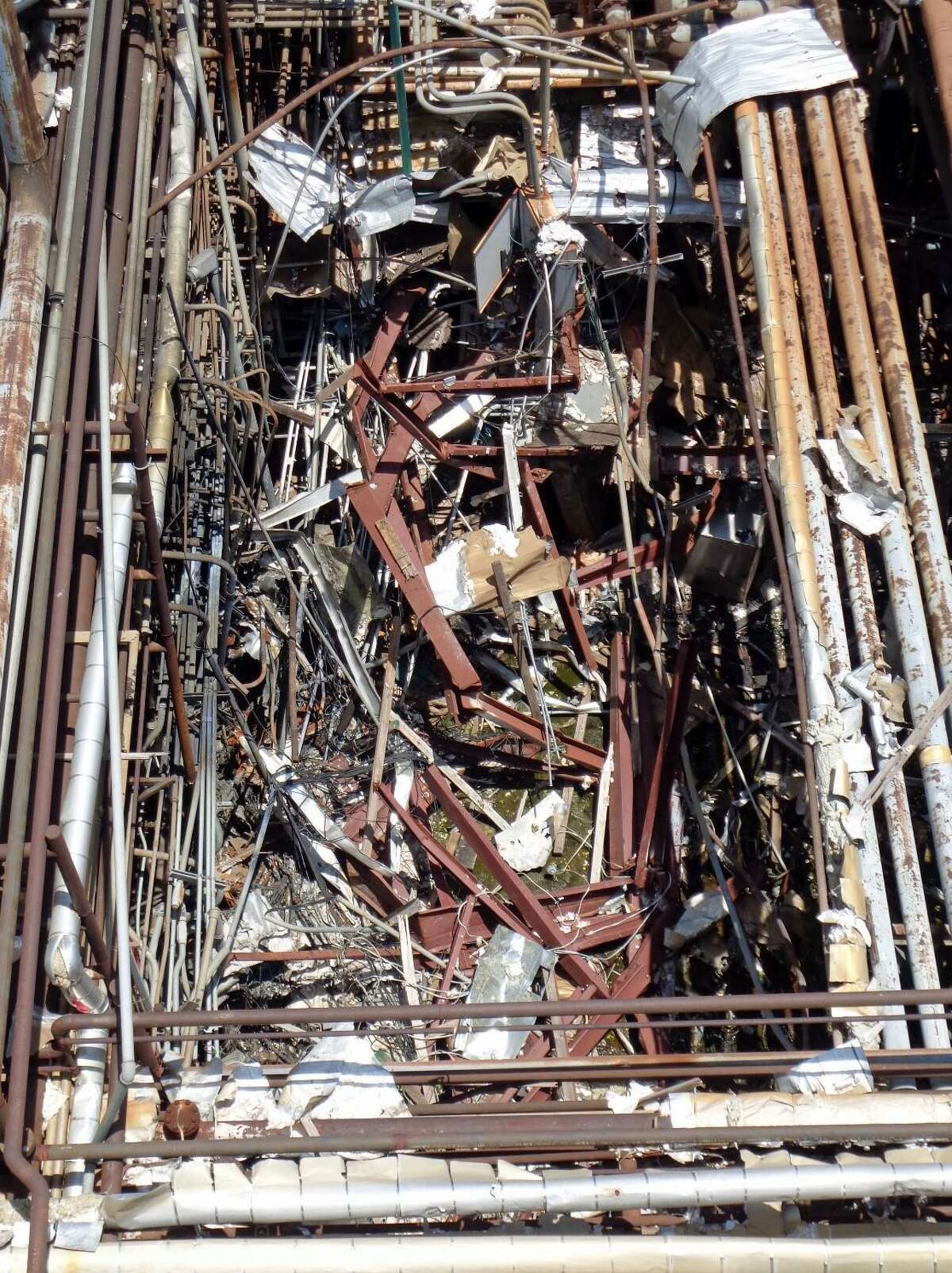 A top view of the plant building showing the condition after the April 2, 2019 fire and explosion at the KMCO plant in Crosby, Texas.