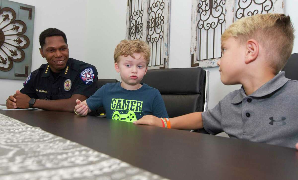 Keenan Elementary first grade student Grayson Bishop talks recall hiding in a bathroom with classmate Lian Haverstock during a lockdown drill last year, Thursday, Sept. 12, 2019, in Montgomery. Bishop found Haverstock along in the hallway during the drill and the two decided to hide in the restroom for safety before being found by Montgomery ISD Police Chief Marlon Runnels.