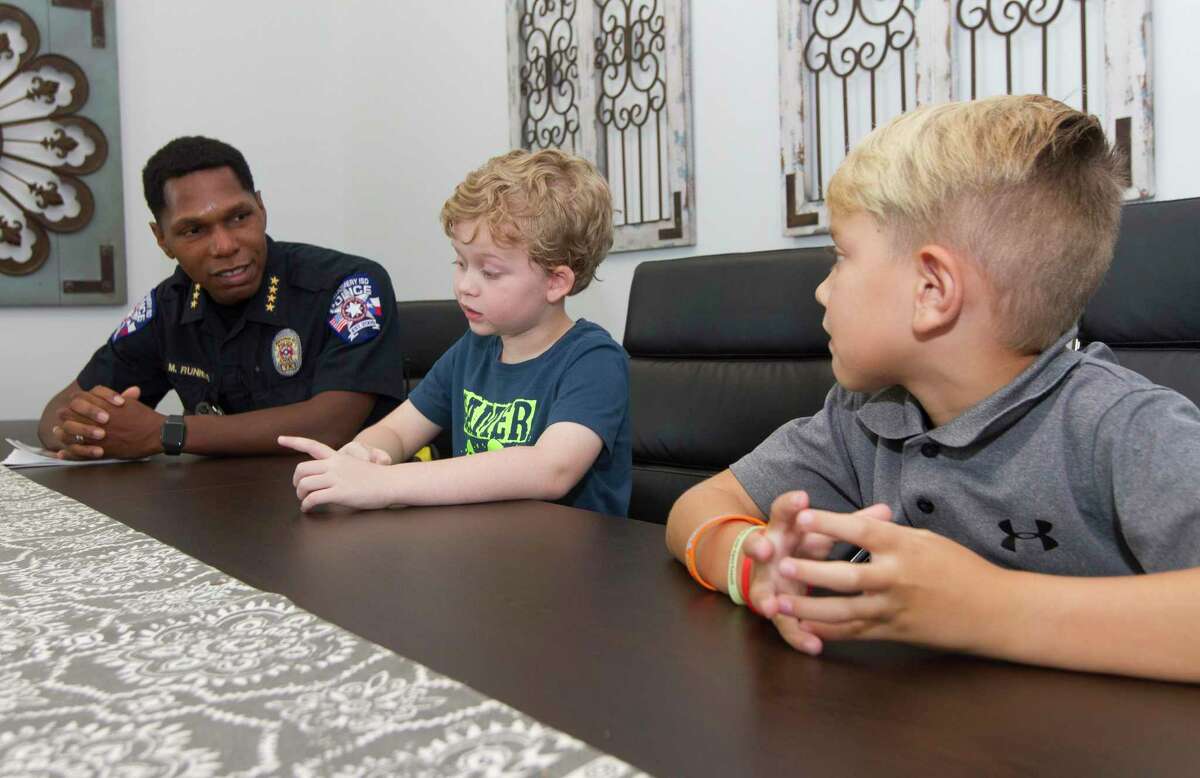 Keenan Elementary first grade student Grayson Bishop talks recall hiding in a bathroom with classmate Lian Haverstock during a lockdown drill last year, Thursday, Sept. 12, 2019, in Montgomery. Bishop found Haverstock along in the hallway during the drill and the two decided to hide in the restroom for safety before being found by Montgomery ISD Police Chief Marlon Runnels.