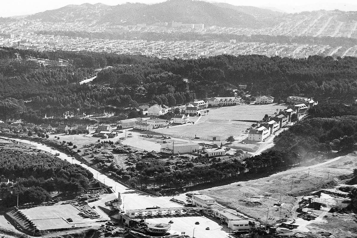 The Presidio and Crissy Field as seen from the top of the Golden Gate Bridge tower in December 1948.