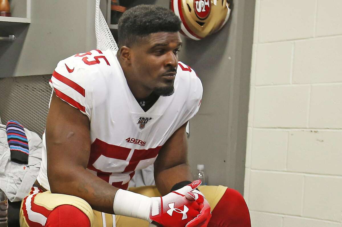 TAMPA, FL - SEPTERMBER 8: Dee Ford #55 of the San Francisco 49ers sits in the locker room prior to the game against the Tampa Bay Buccaneers at Raymond James Stadium on September 8, 2019 in Tampa, Florida. The 49ers defeated the Buccaneers 31-17. ~~