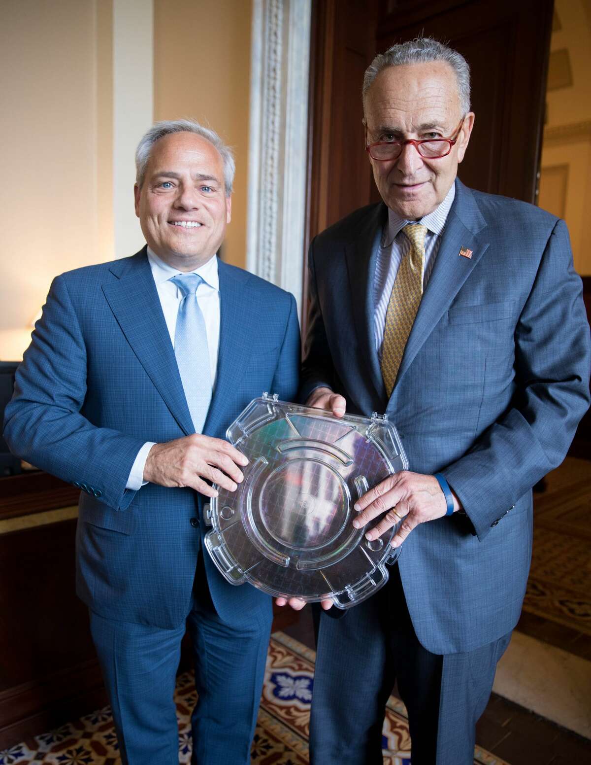 U.S. Sen. Charles Schumer met Tuesday, Sept. 17, 2019, with GlobalFoundries CEO Tom Caulfield. Schumer said he was told that the computer chip maker is "optimistic" about job growth at the company's Fab 8 factory in Malta, N.Y.