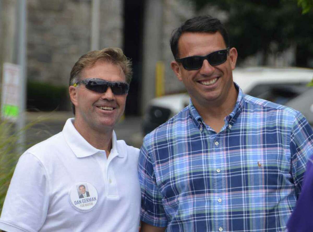 Mayor Ben Blake, Democrat, on the right, and his challenger in the 2019 election, Dan German, Republican, pictured here at the Annual Milford Oyster Festival Aug. 17, 2019.