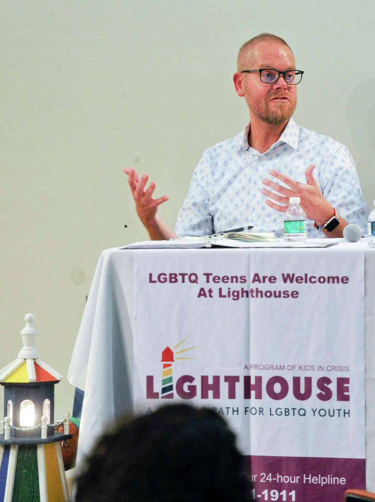 State Representatives Jeff Currey speaks during a Kids In Crisis Ct's Lighthouse forum on LGBTQ issues at the Ferguson Library Harry Bennett Branch on Sept. 18, 2019 in Stamford, Connecticut. Currey was joined by State Representatives Matt Blumenthal and Stamford Board of Education President Andy George, who answered a wide variety of questions concerning LGBTQ students.